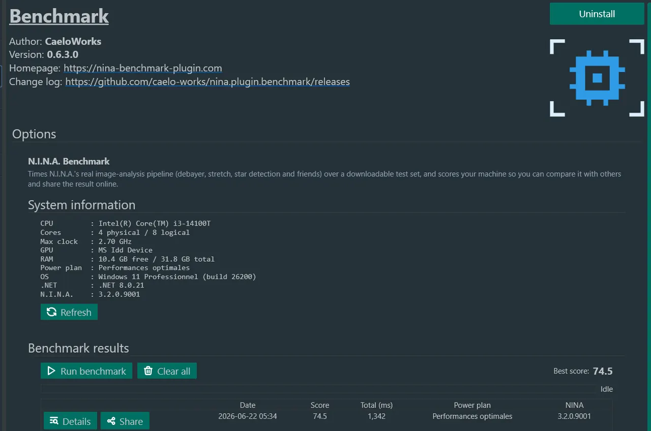 Page d'options du plugin Benchmark dans N.I.N.A. (infos système et résultats)