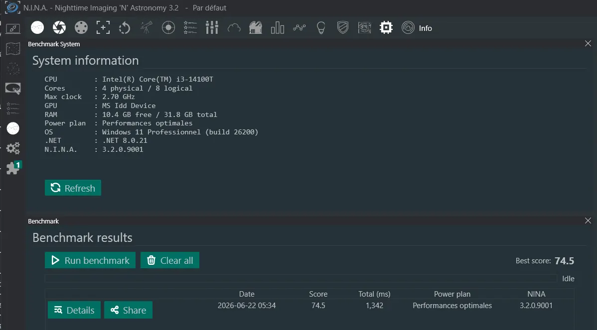 Panneaux ancrables du Benchmark sur la vue Imaging de N.I.N.A.