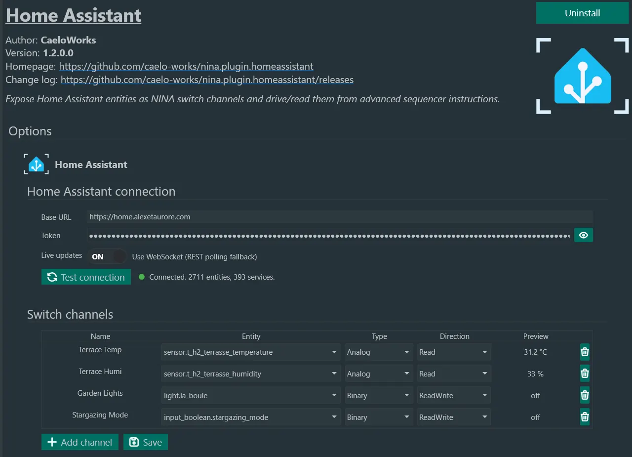 Home Assistant plugin options page in N.I.N.A. (connection and channels)