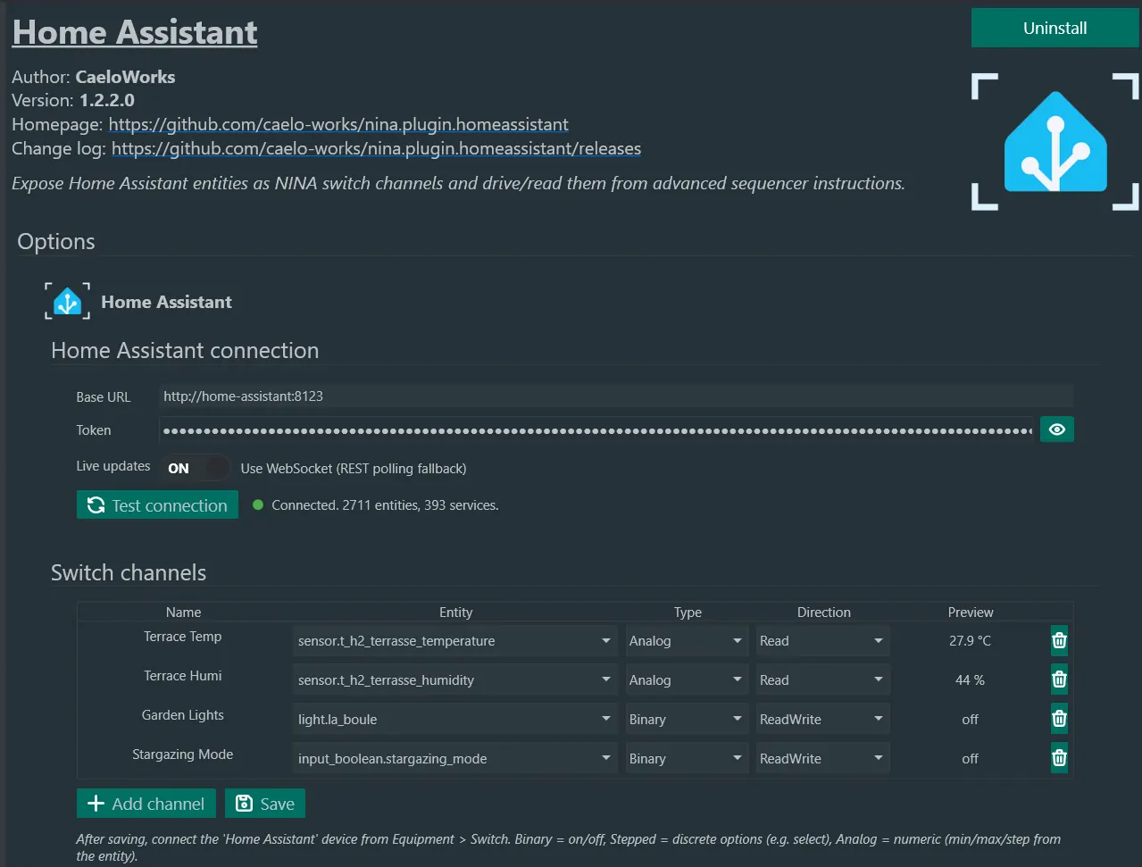 Page d'options du plugin Home Assistant dans N.I.N.A. (connexion et canaux)