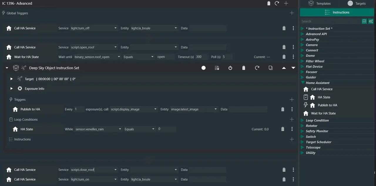 Instructions Home Assistant dans le séquenceur avancé de N.I.N.A.